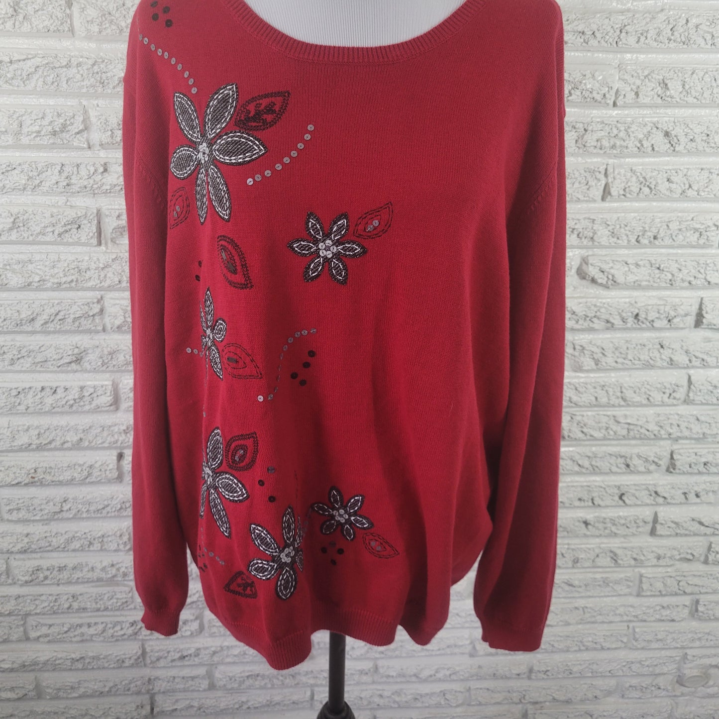 Alfred Dunner Women's Sweater 2X Red Sequin Embroidered Knit Plus Size RED45E