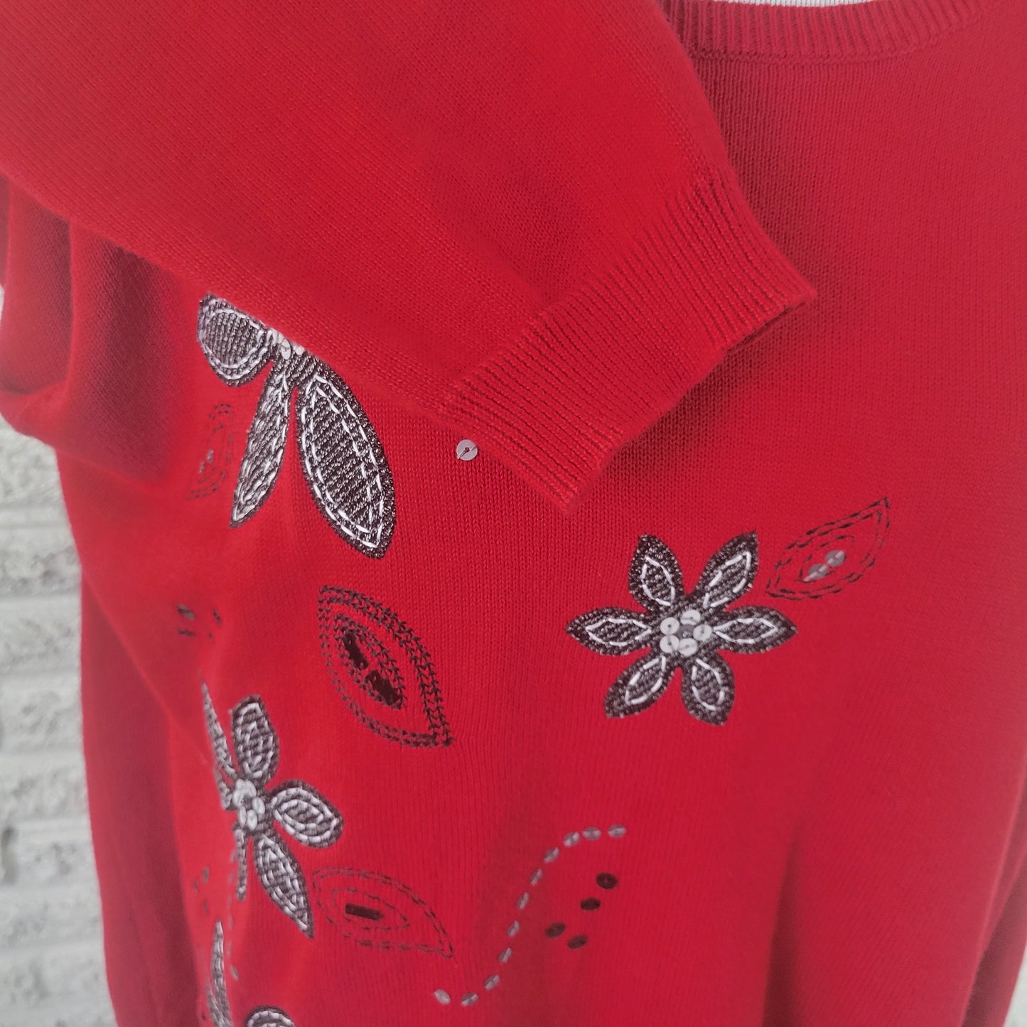 Alfred Dunner Women's Sweater 2X Red Sequin Embroidered Knit Plus Size RED45E