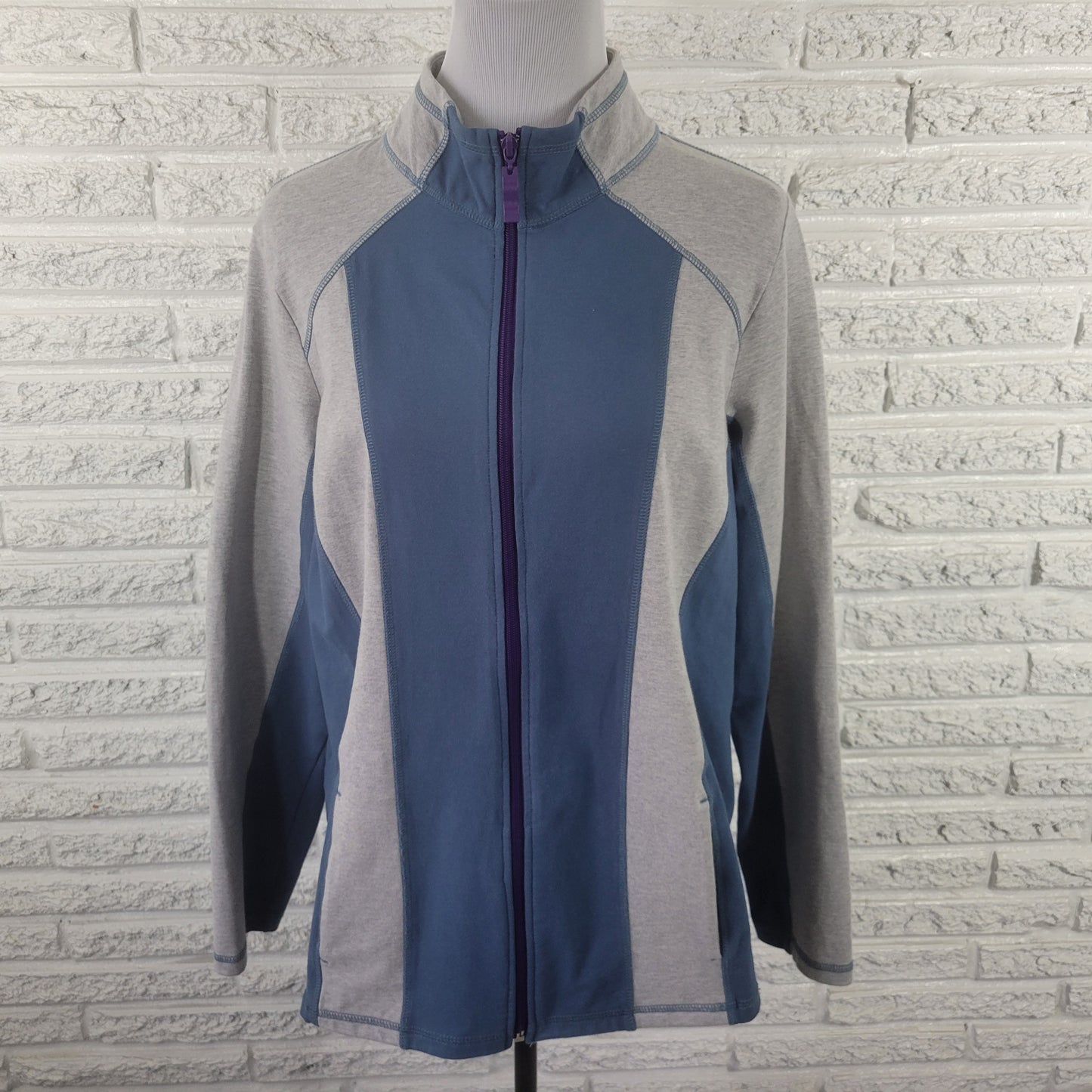Denim & Co Active Womens Jacket Blue Gray Plus Full Zip Cotton Blend SWE29E