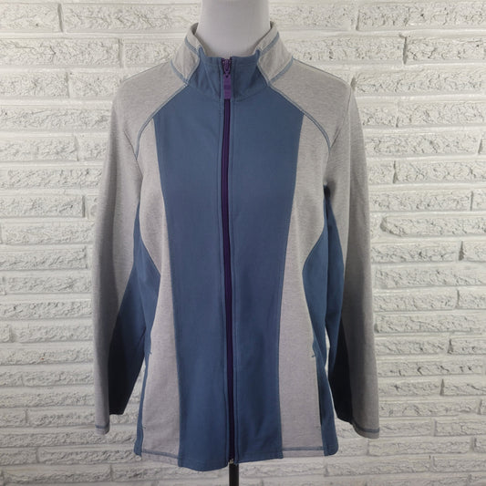 Denim & Co Active Womens Jacket Blue Gray Plus Full Zip Cotton Blend SWE29E