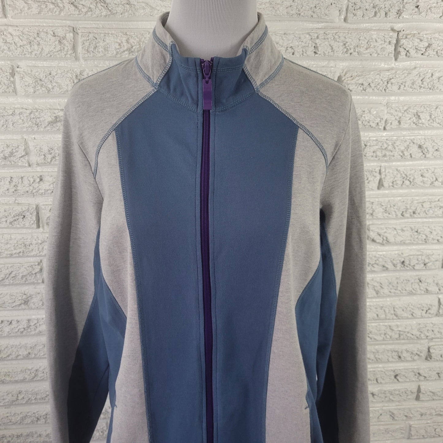 Denim & Co Active Womens Jacket Blue Gray Plus Full Zip Cotton Blend SWE29E