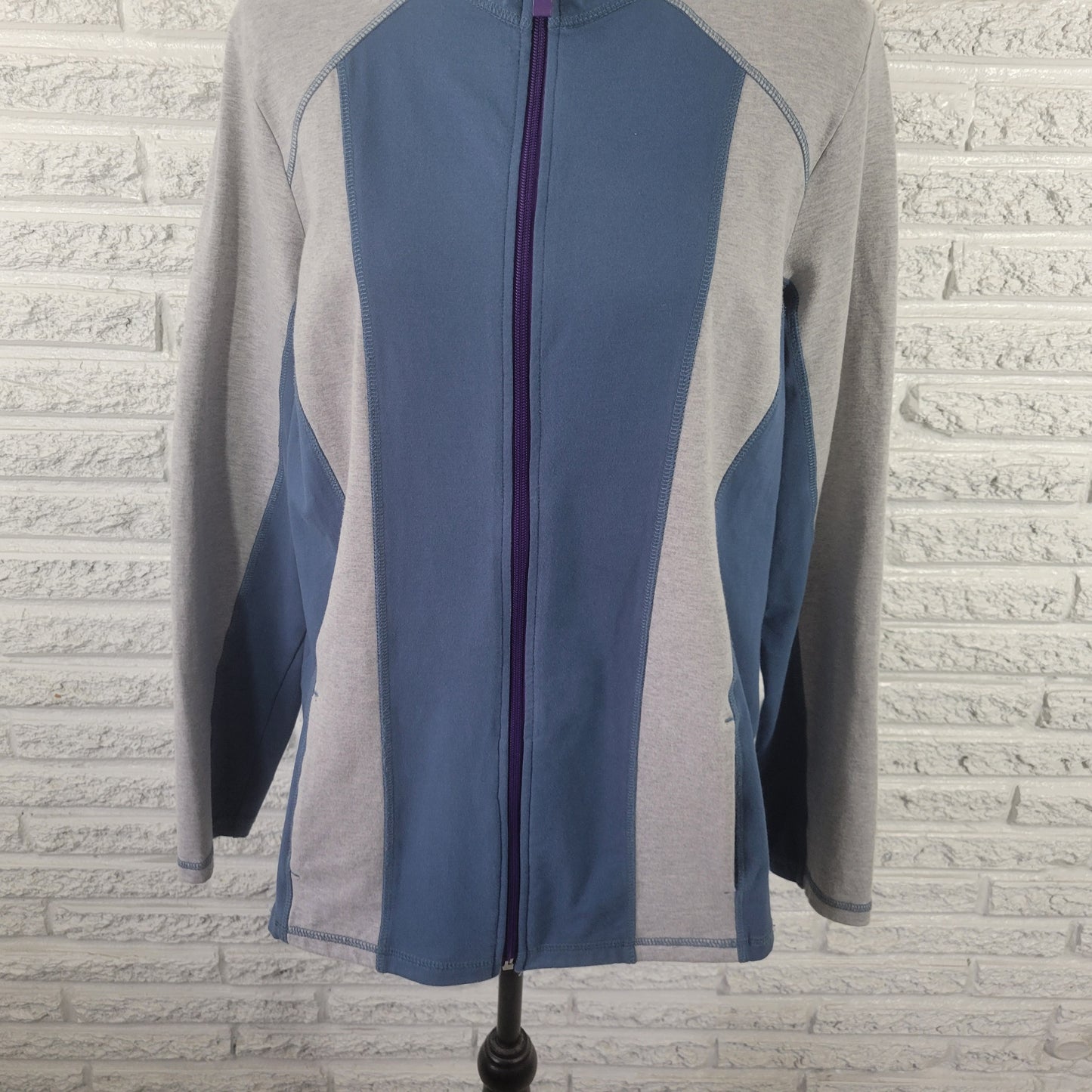Denim & Co Active Womens Jacket Blue Gray Plus Full Zip Cotton Blend SWE29E