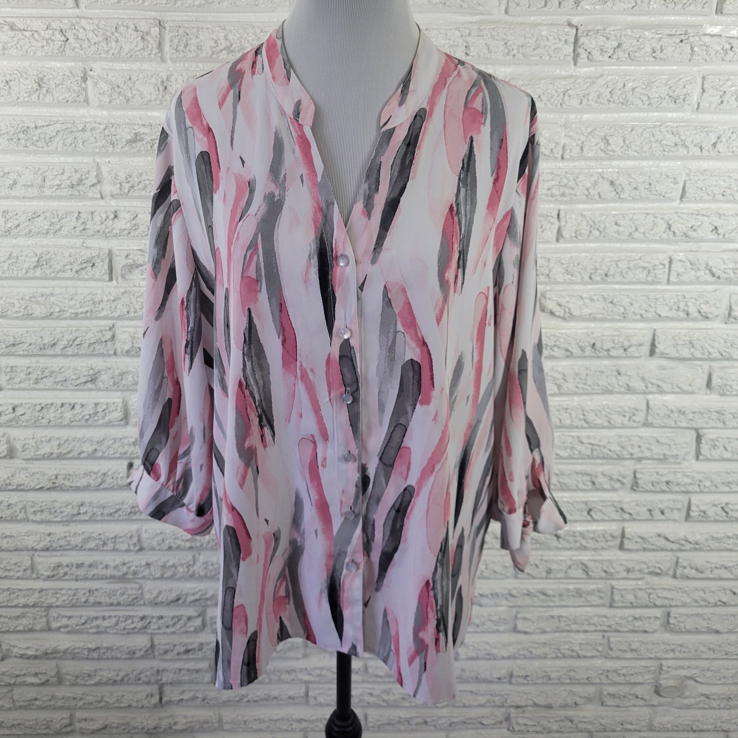 Allison Daley Women's Top 1X Pink Gray Watercolor 3/4 Sleeve V-Neck WAT96E