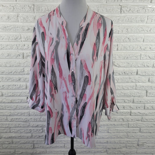 Allison Daley Women's Top 1X Pink Gray Watercolor 3/4 Sleeve V-Neck WAT96E