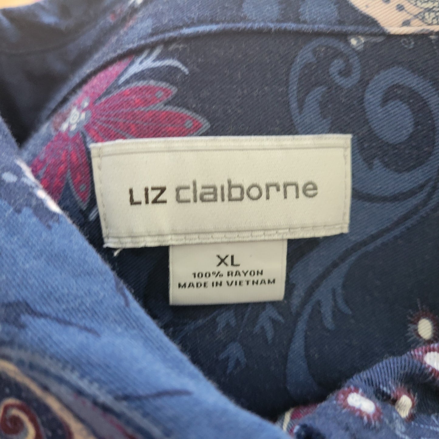Liz Claiborne Women XL Top Blue Floral Rayon Roll Tab Long Sleeve FLO24E