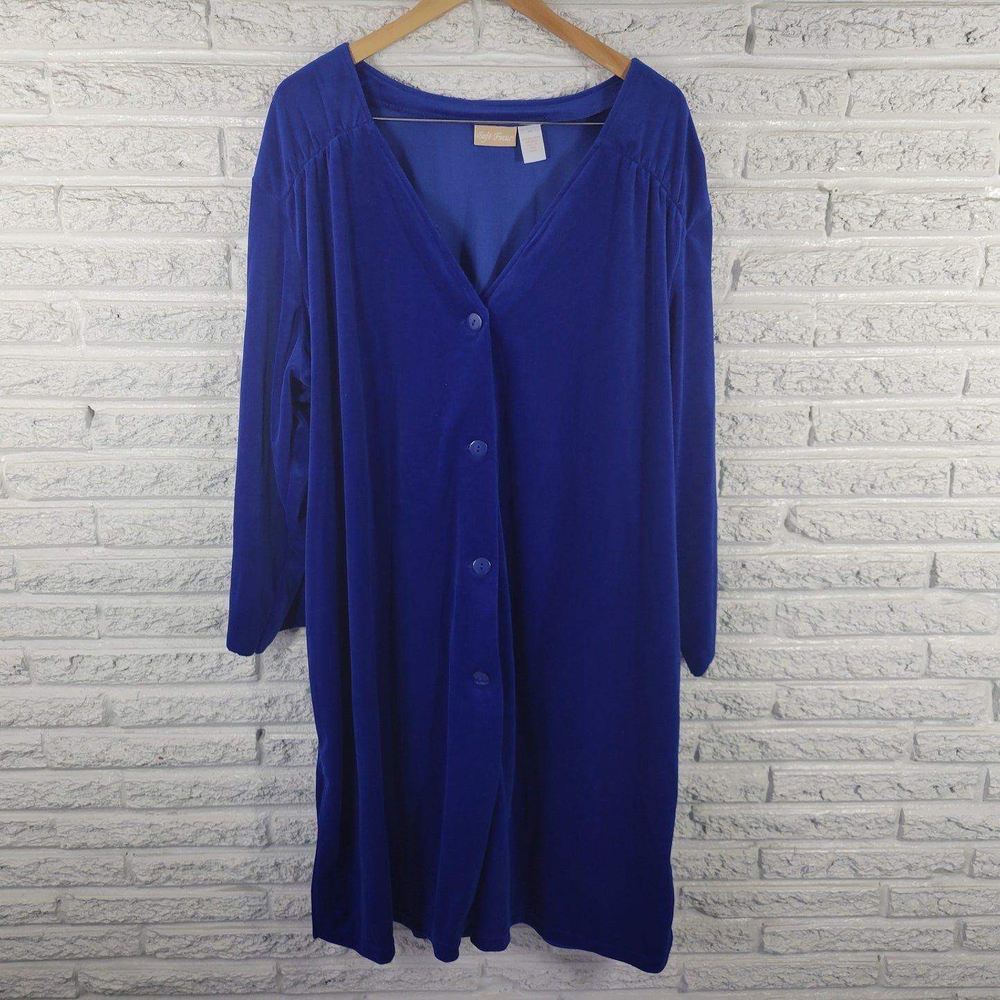 Soft Focus Women's Robe Size 3X Blue Velour Button Up V-Neck Long Sleeve HNGE