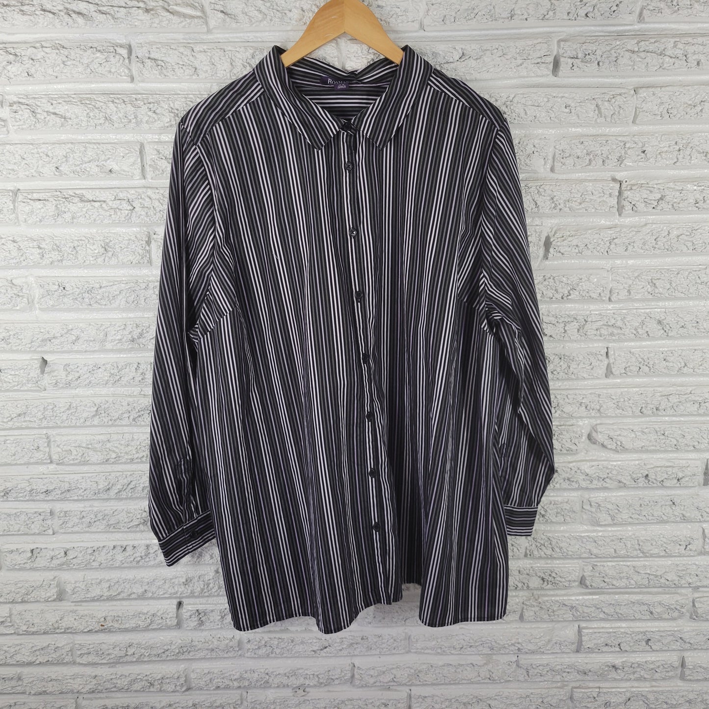 Roamans 26W Purple Green Black Striped Button Up Shirt Womens Plus STR213XE