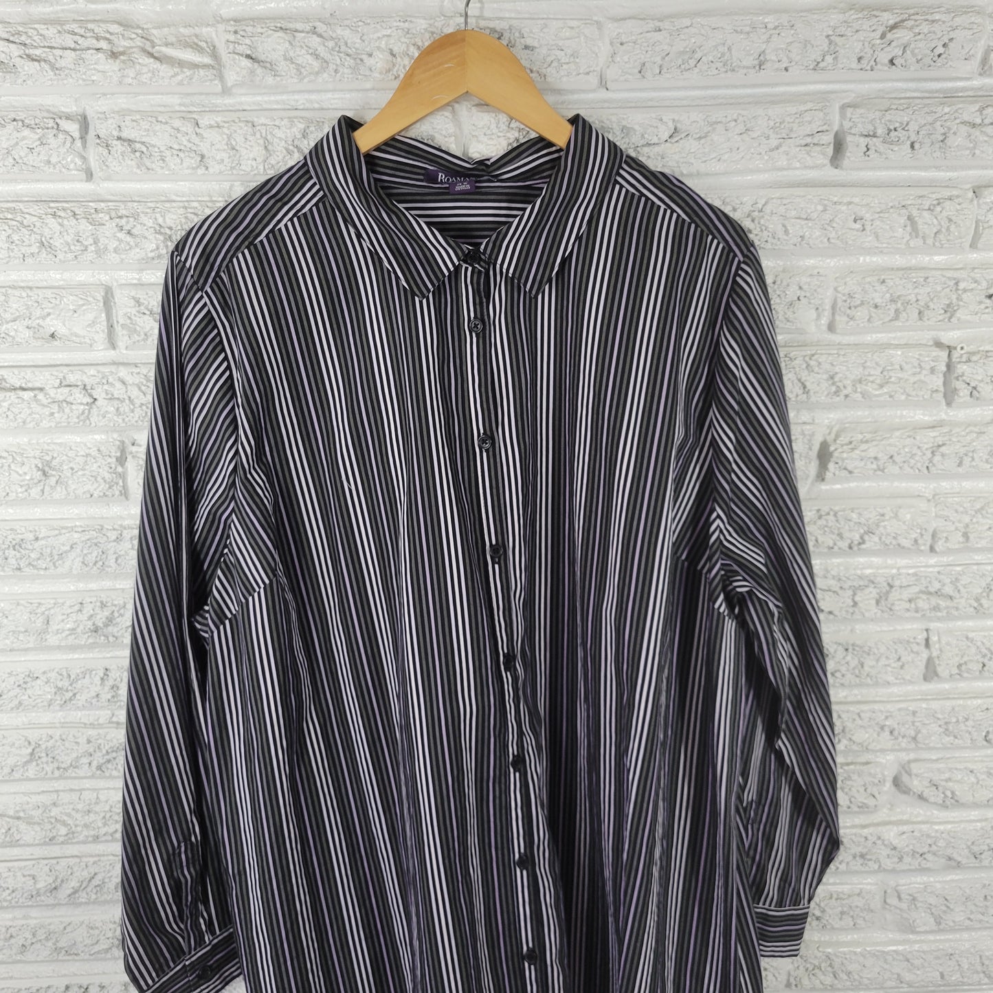 Roamans 26W Purple Green Black Striped Button Up Shirt Womens Plus STR213XE