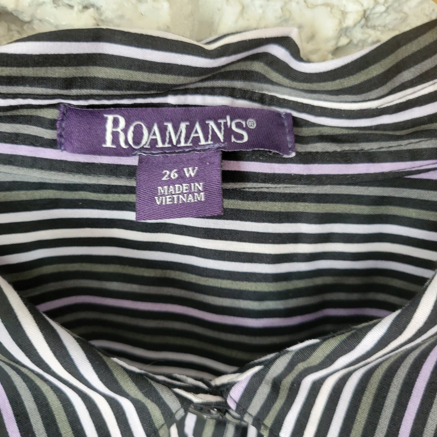 Roamans 26W Purple Green Black Striped Button Up Shirt Womens Plus STR213XE