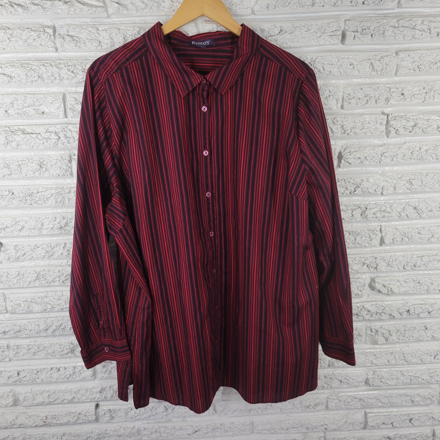 Roamans 26W Burgundy Red Striped Button Up Shirt Womens Plus Cotton STR213E