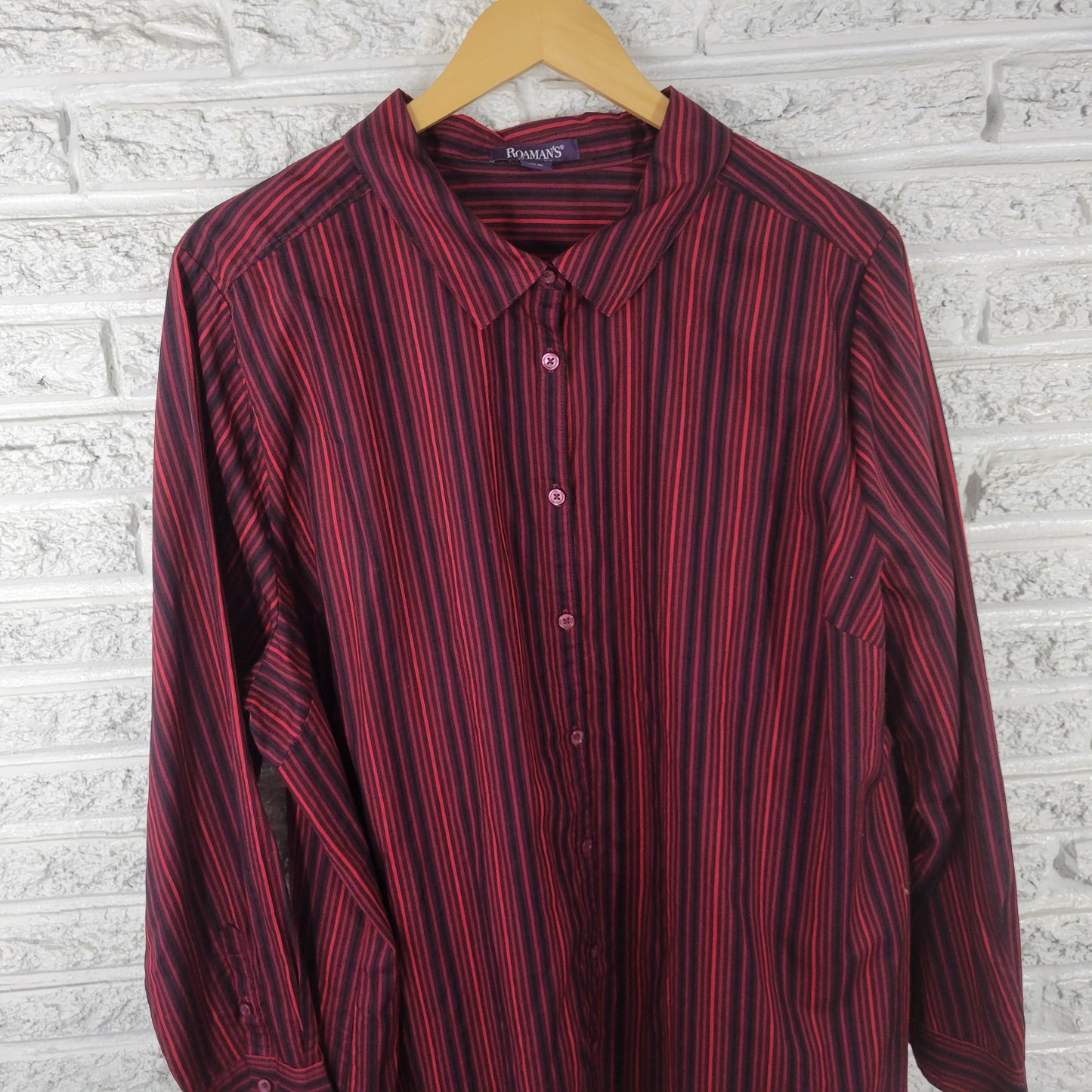 Roamans 26W Burgundy Red Striped Button Up Shirt Womens Plus Cotton STR213E