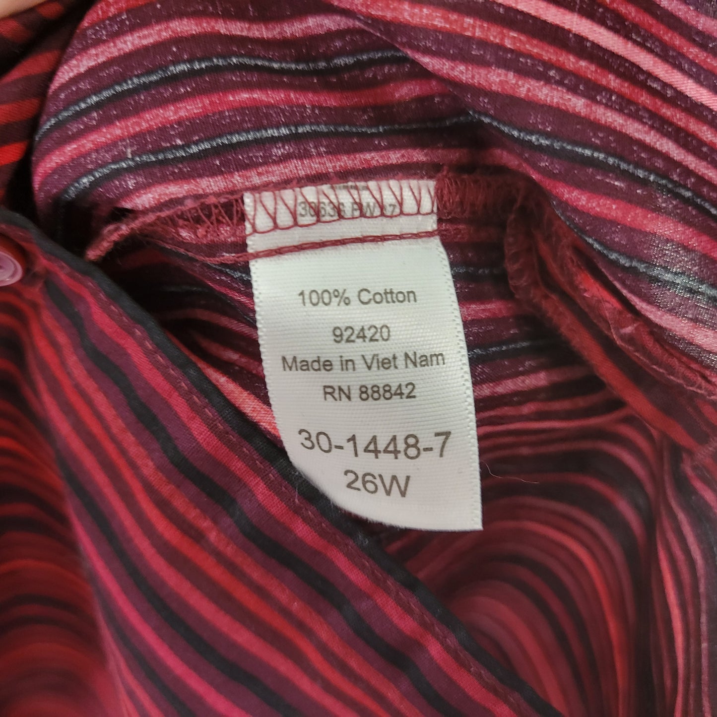 Roamans 26W Burgundy Red Striped Button Up Shirt Womens Plus Cotton STR213E