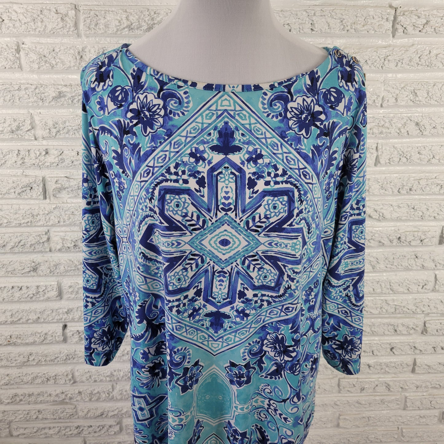 Charter Club XL Blue White Geometric Top 3/4 Sleeve Deco Buttons GEO178E