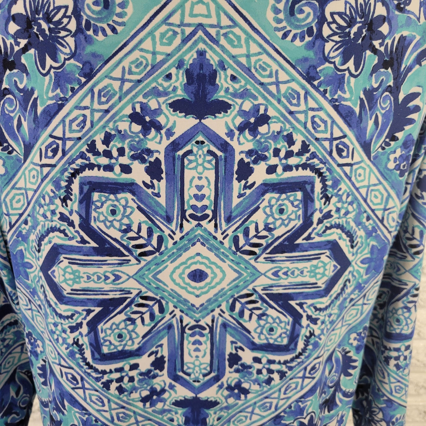 Charter Club XL Blue White Geometric Top 3/4 Sleeve Deco Buttons GEO178E