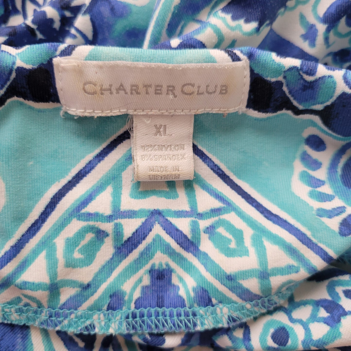 Charter Club XL Blue White Geometric Top 3/4 Sleeve Deco Buttons GEO178E