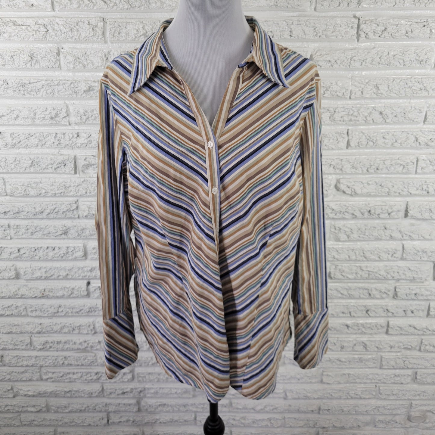 Lane Bryant 18 Blue Tan Striped Button Up Shirt Womens Plus Long Sleeve STR193E