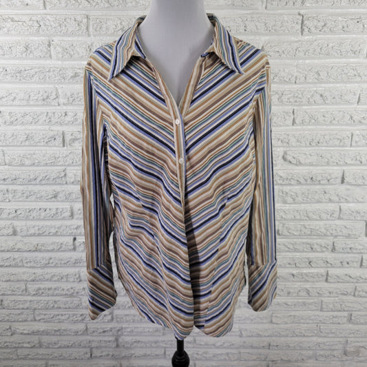 Lane Bryant 18 Blue Tan Striped Button Up Shirt Womens Plus Long Sleeve STR193E