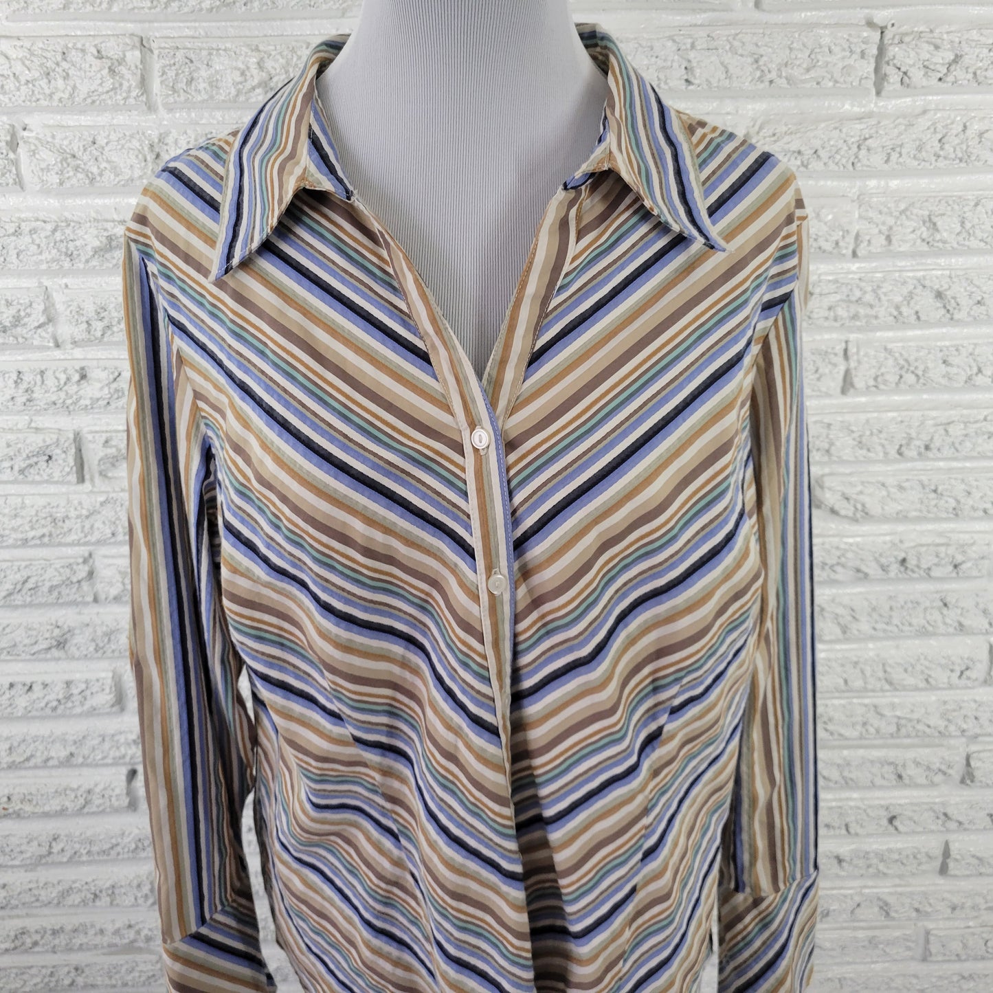Lane Bryant 18 Blue Tan Striped Button Up Shirt Womens Plus Long Sleeve STR193E