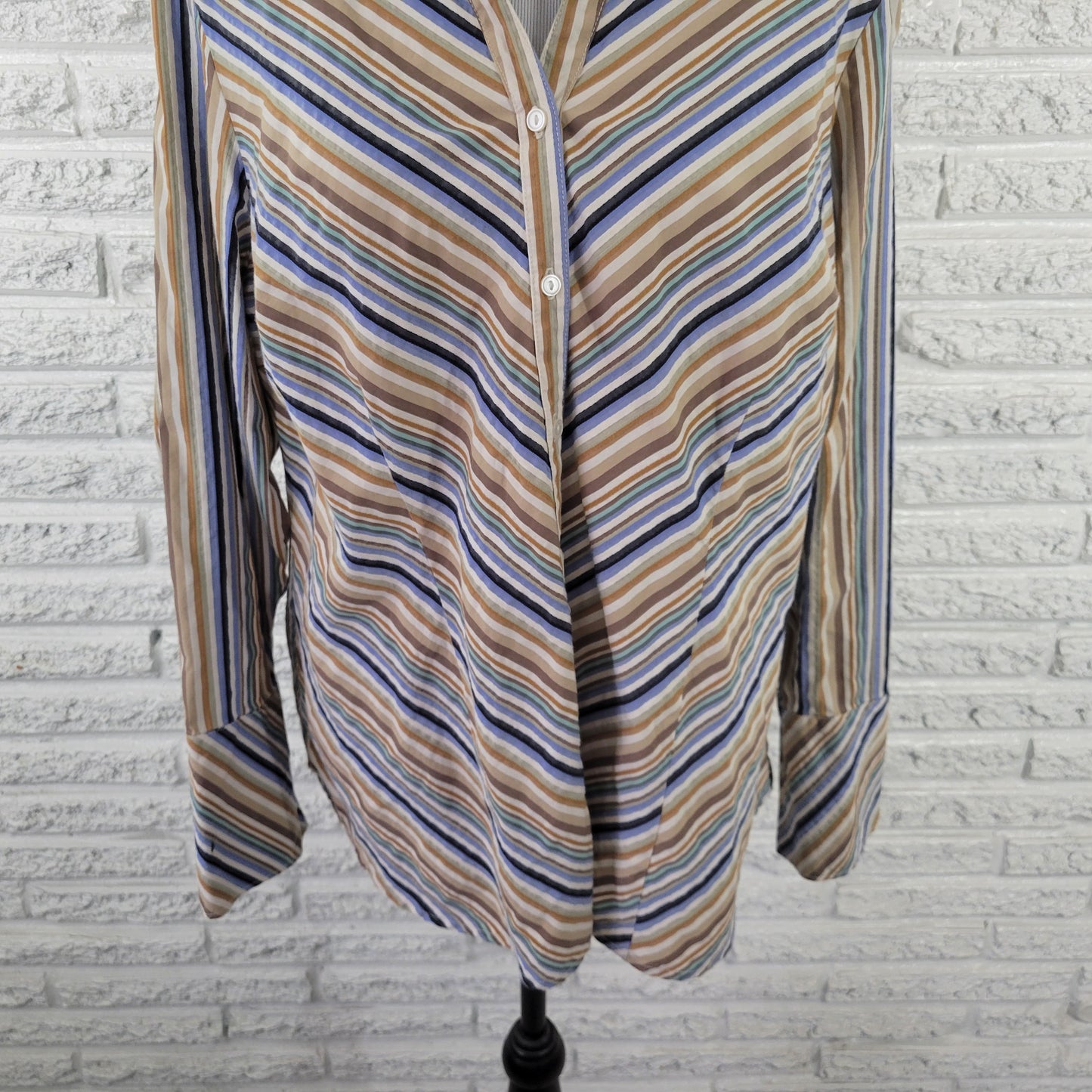 Lane Bryant 18 Blue Tan Striped Button Up Shirt Womens Plus Long Sleeve STR193E