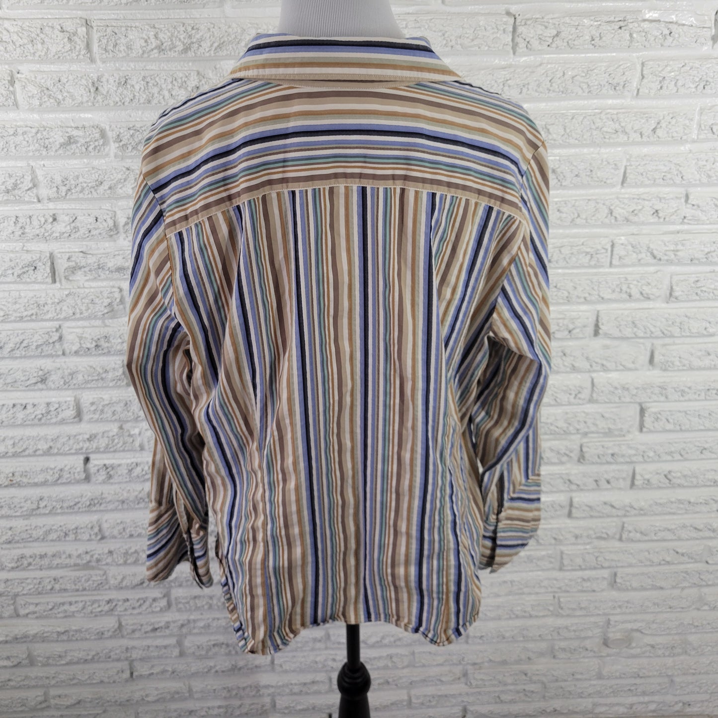 Lane Bryant 18 Blue Tan Striped Button Up Shirt Womens Plus Long Sleeve STR193E