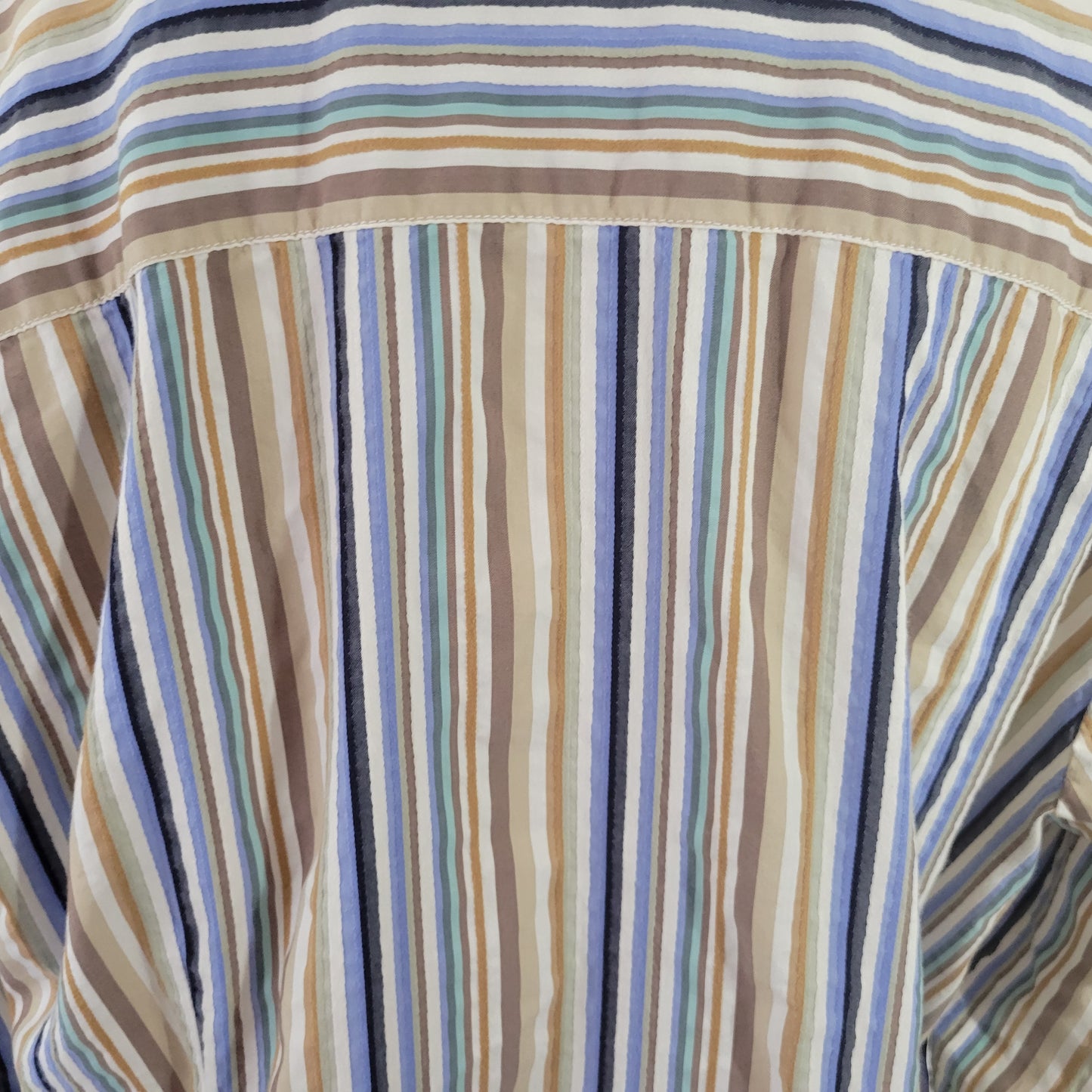 Lane Bryant 18 Blue Tan Striped Button Up Shirt Womens Plus Long Sleeve STR193E