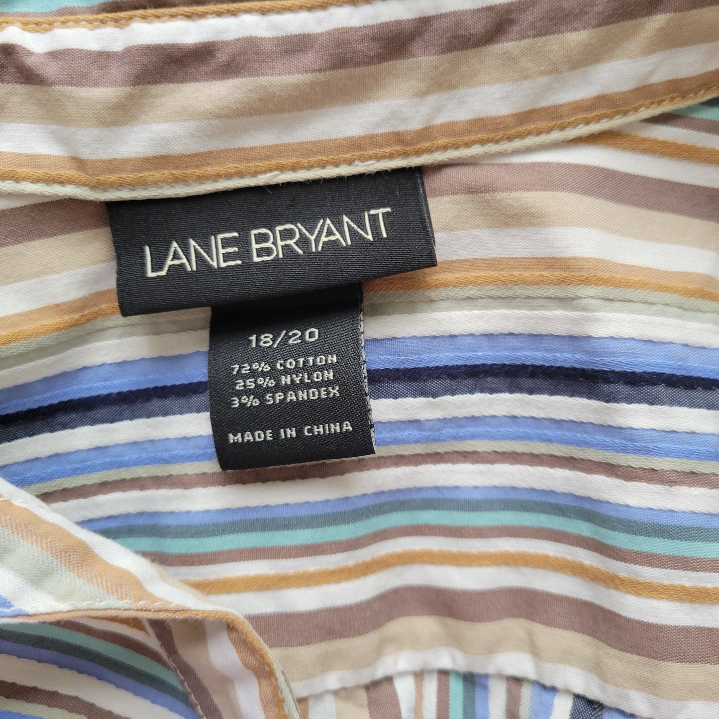 Lane Bryant 18 Blue Tan Striped Button Up Shirt Womens Plus Long Sleeve STR193E