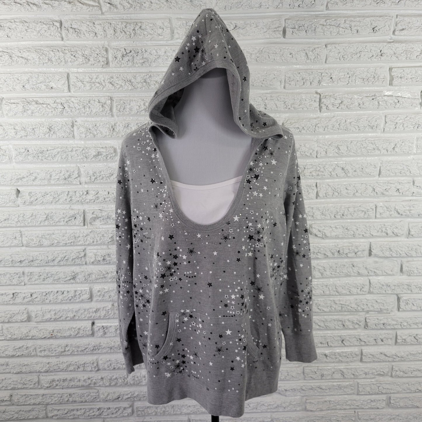 LA Blues 18W Gray Waffle Knit Hoodie Womens Plus Stars Rhinestone A19E
