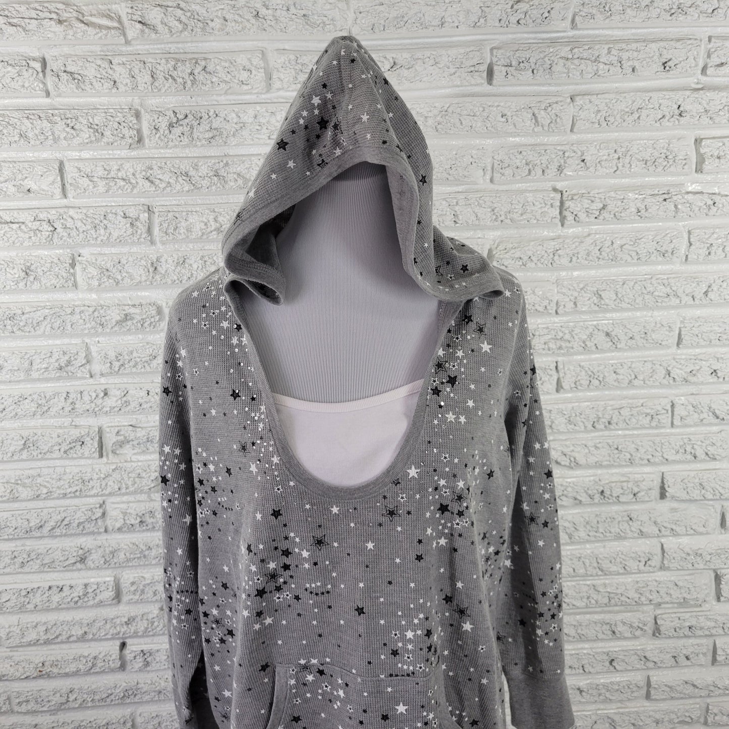 LA Blues 18W Gray Waffle Knit Hoodie Womens Plus Stars Rhinestone A19E