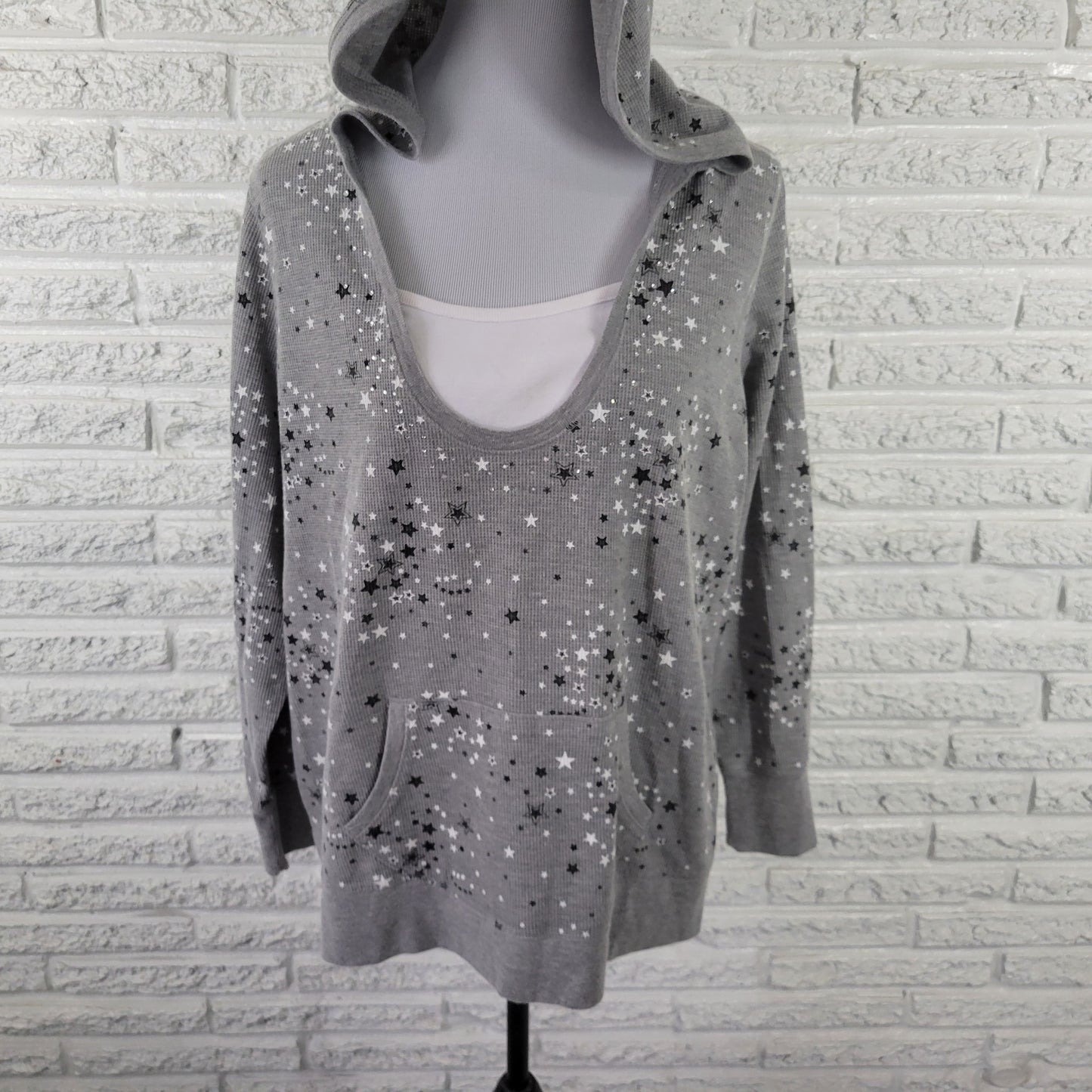 LA Blues 18W Gray Waffle Knit Hoodie Womens Plus Stars Rhinestone A19E