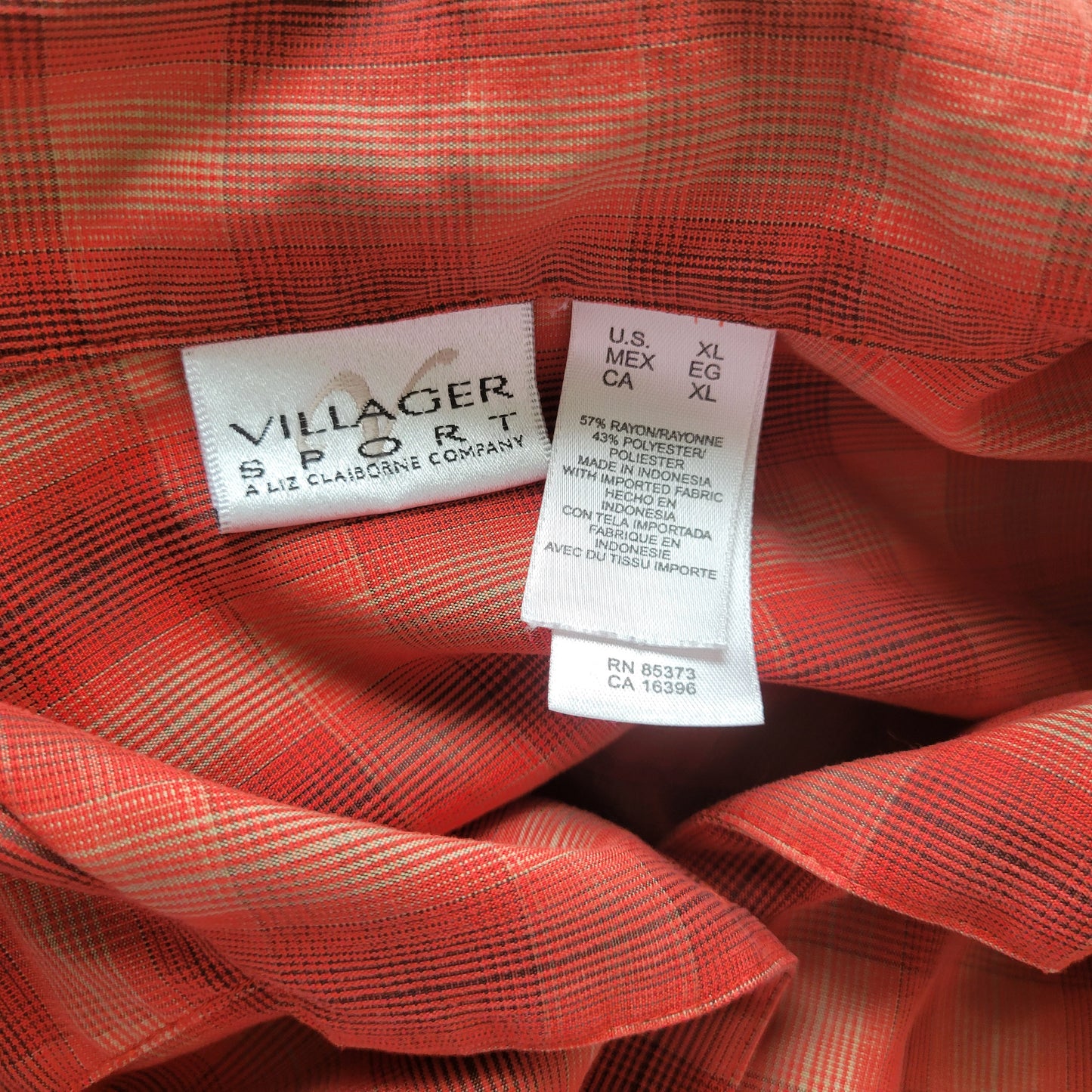 Liz Claiborne Villager XL Red Tan Plaid Button Up Shirt Womens Roll Tab PLA51E