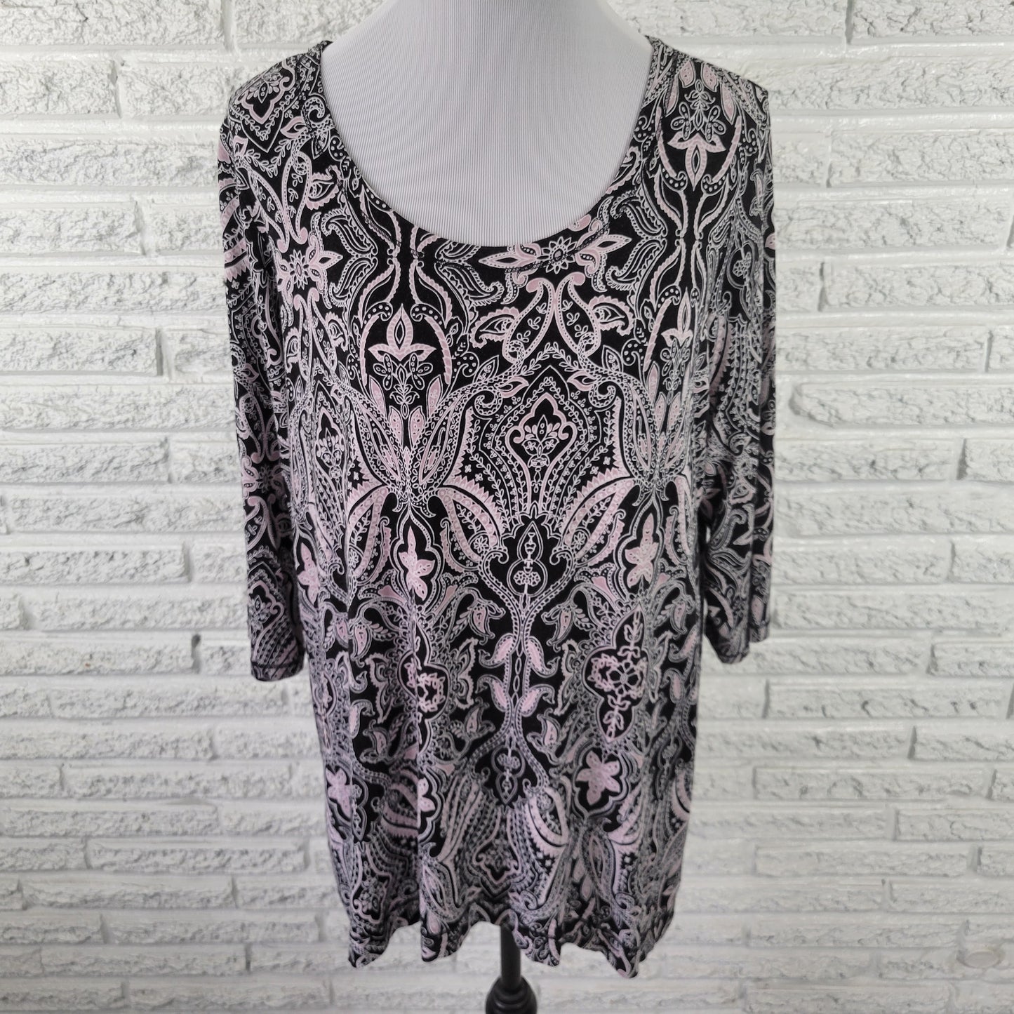 Jones New York 1X Black White Paisley Tunic Womens Plus 3/4 Sleeve PAI51XE