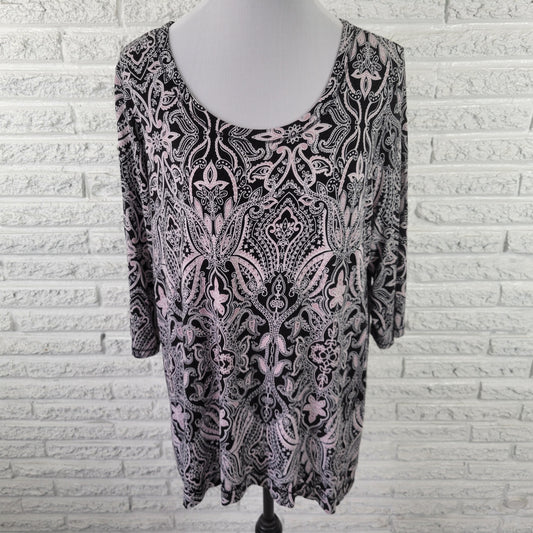 Jones New York 1X Black White Paisley Tunic Womens Plus 3/4 Sleeve PAI51XE