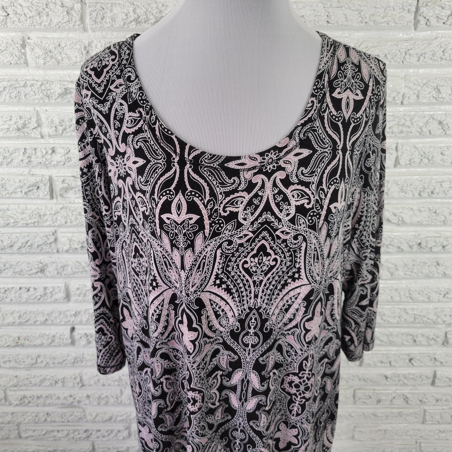 Jones New York 1X Black White Paisley Tunic Womens Plus 3/4 Sleeve PAI51XE
