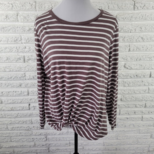 Maurices 24/7 XL Brown White Striped Tee Womens Long Sleeve Knot Hem STR72E