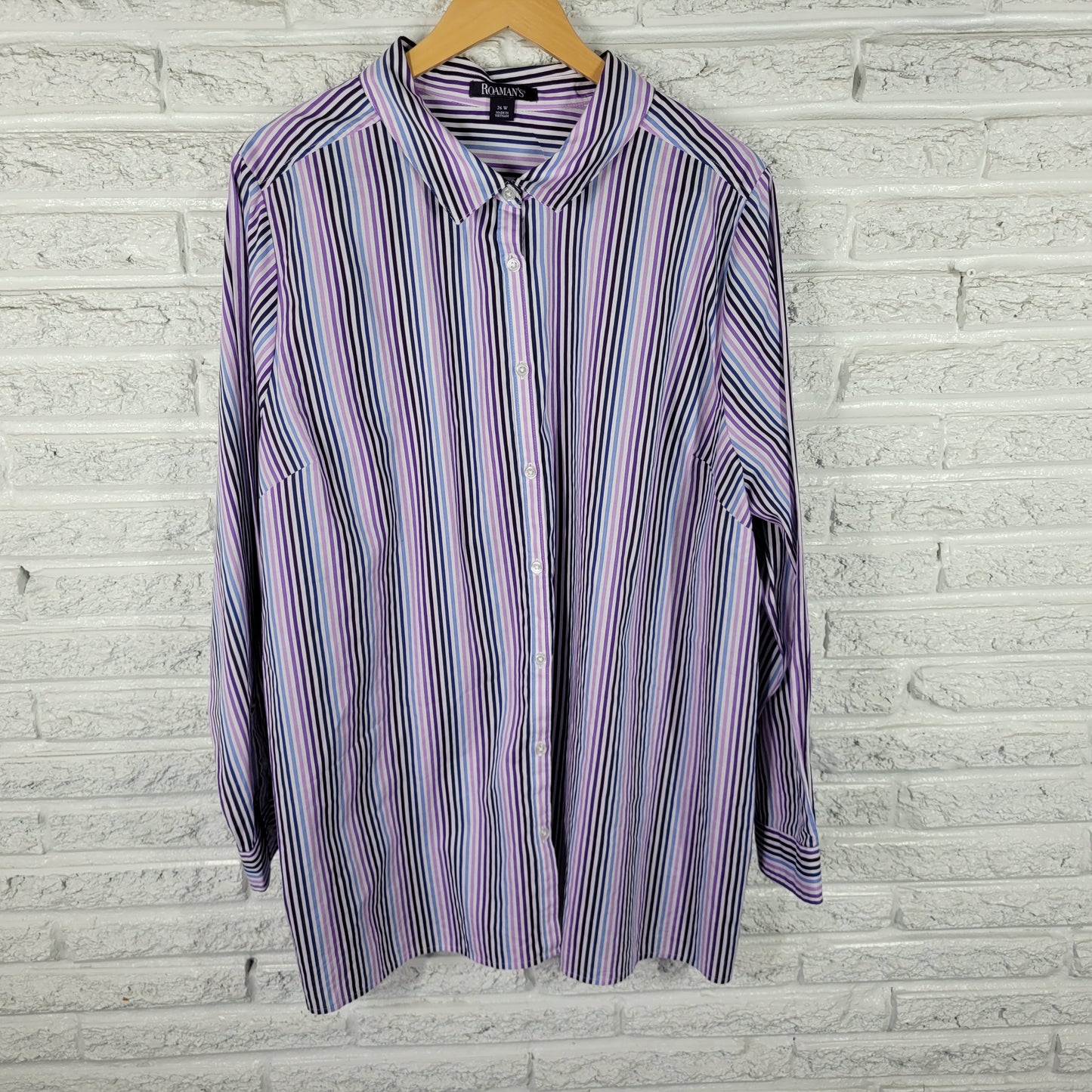 Roaman's Women's Purple Blue Striped Top Size 26W Button Up Long Sleeve STR98E