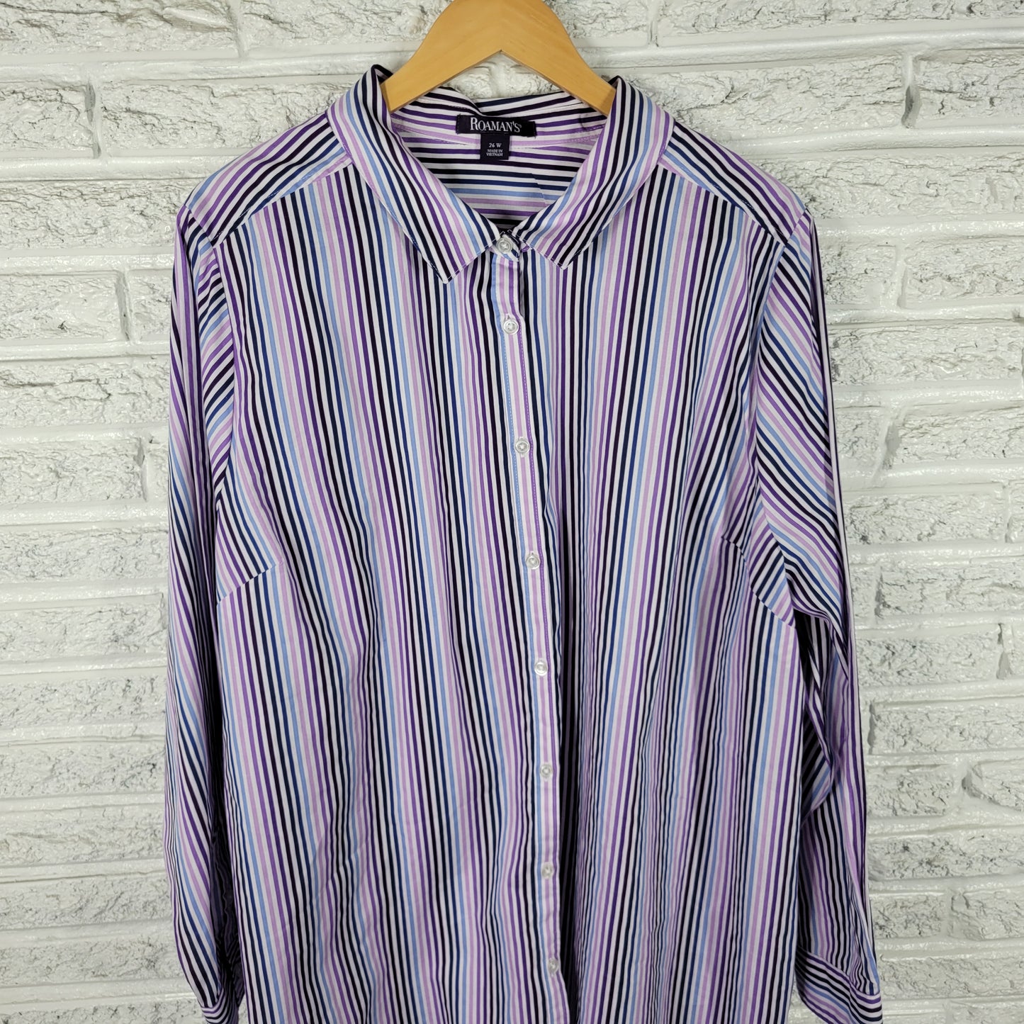 Roaman's Women's Purple Blue Striped Top Size 26W Button Up Long Sleeve STR98E