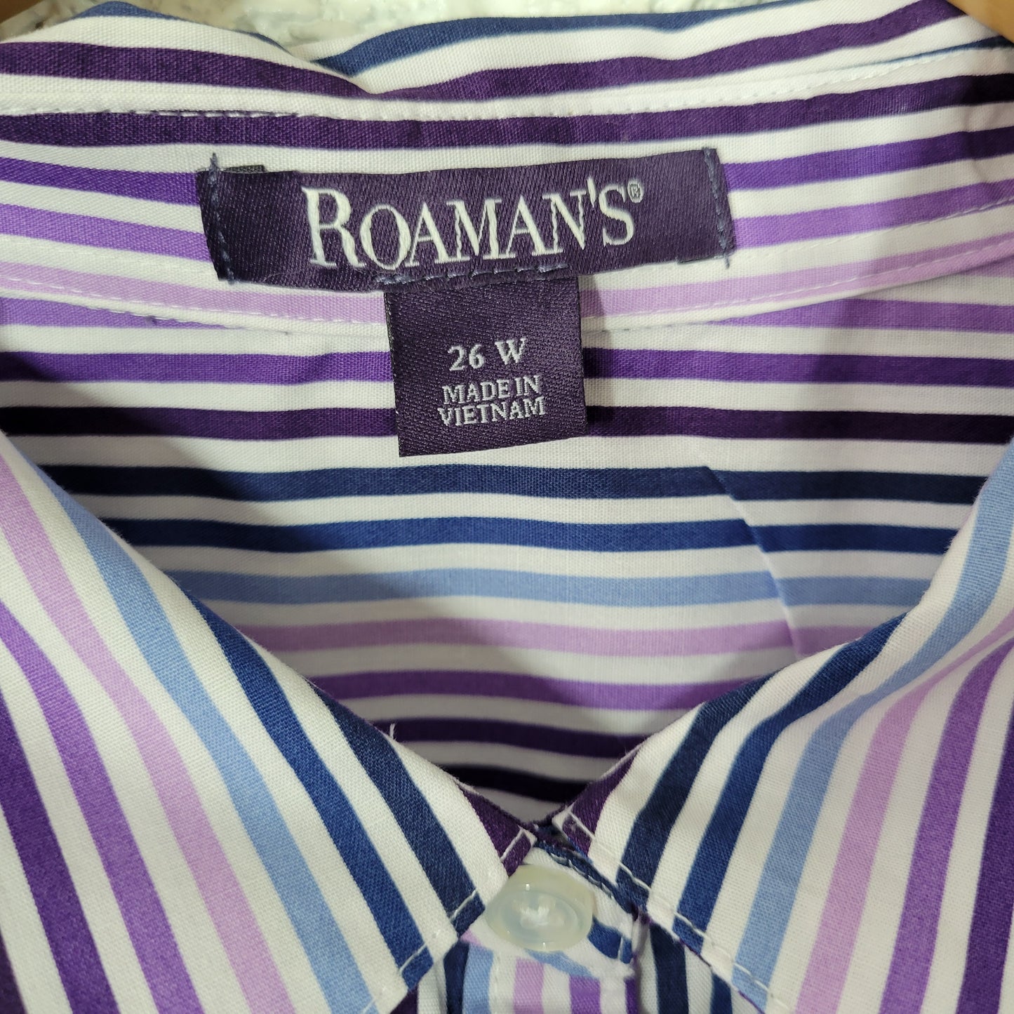 Roaman's Women's Purple Blue Striped Top Size 26W Button Up Long Sleeve STR98E