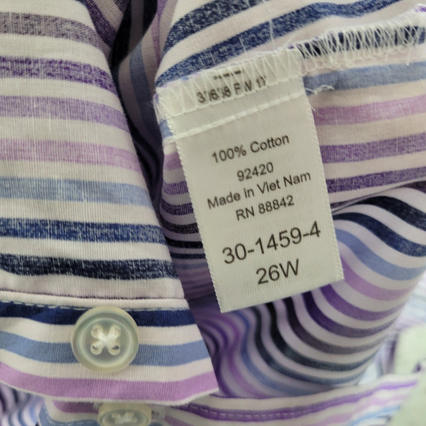 Roaman's Women's Purple Blue Striped Top Size 26W Button Up Long Sleeve STR98E