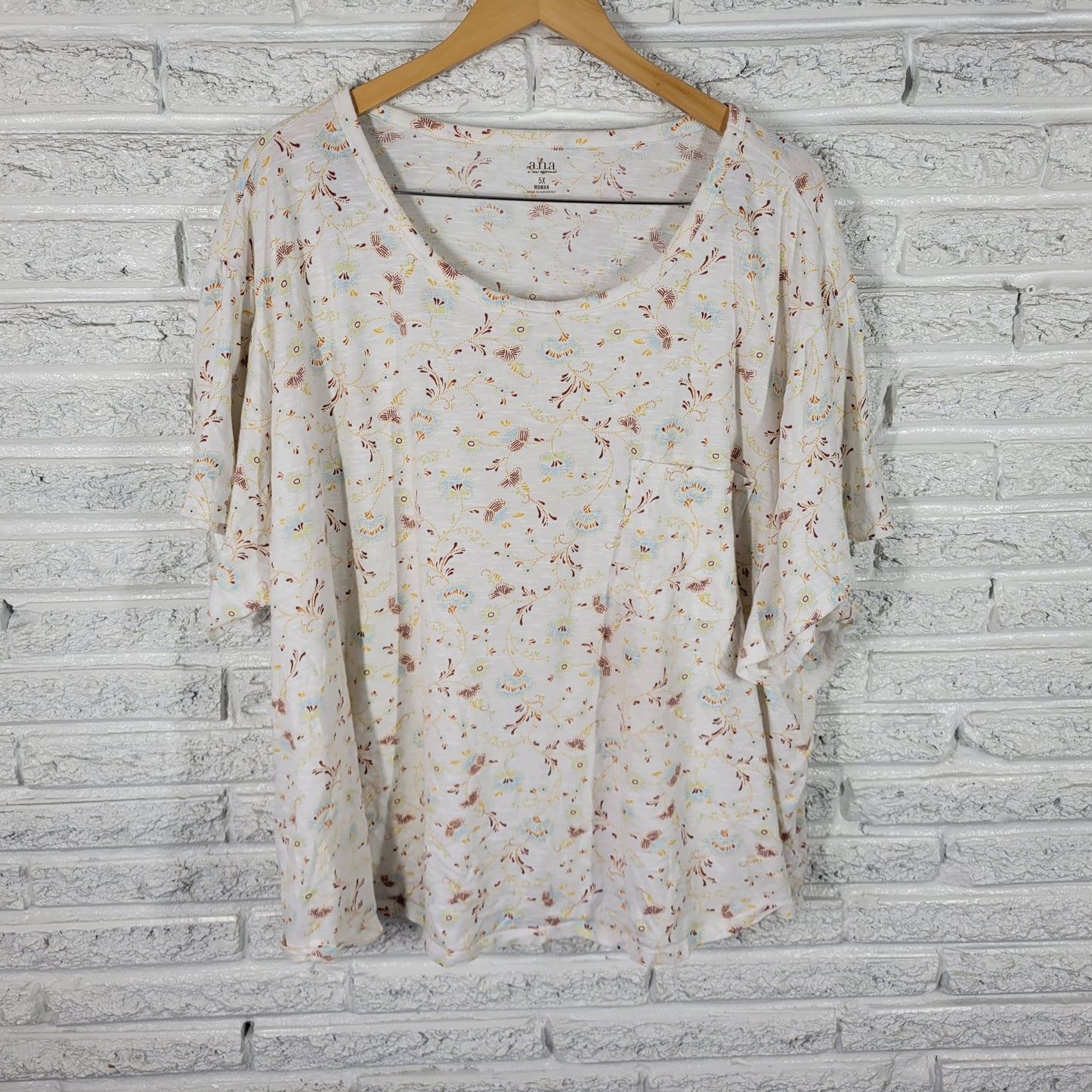 ANA 5X Brown Yellow Floral Tee 100% Cotton Crew Neck Short Sleeve Plus FLO3E