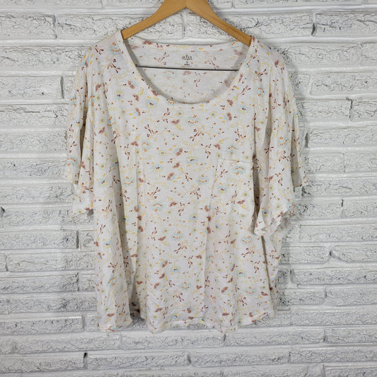 ANA 5X Brown Yellow Floral Tee 100% Cotton Crew Neck Short Sleeve Plus FLO3E