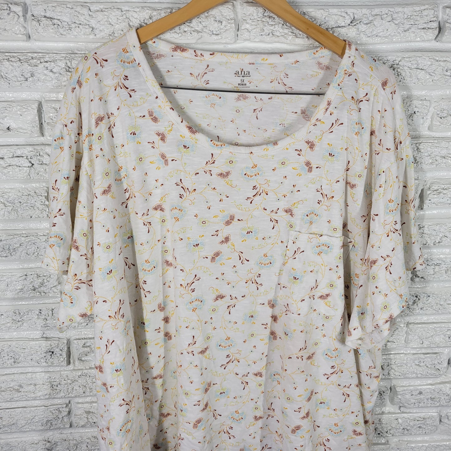 ANA 5X Brown Yellow Floral Tee 100% Cotton Crew Neck Short Sleeve Plus FLO3E