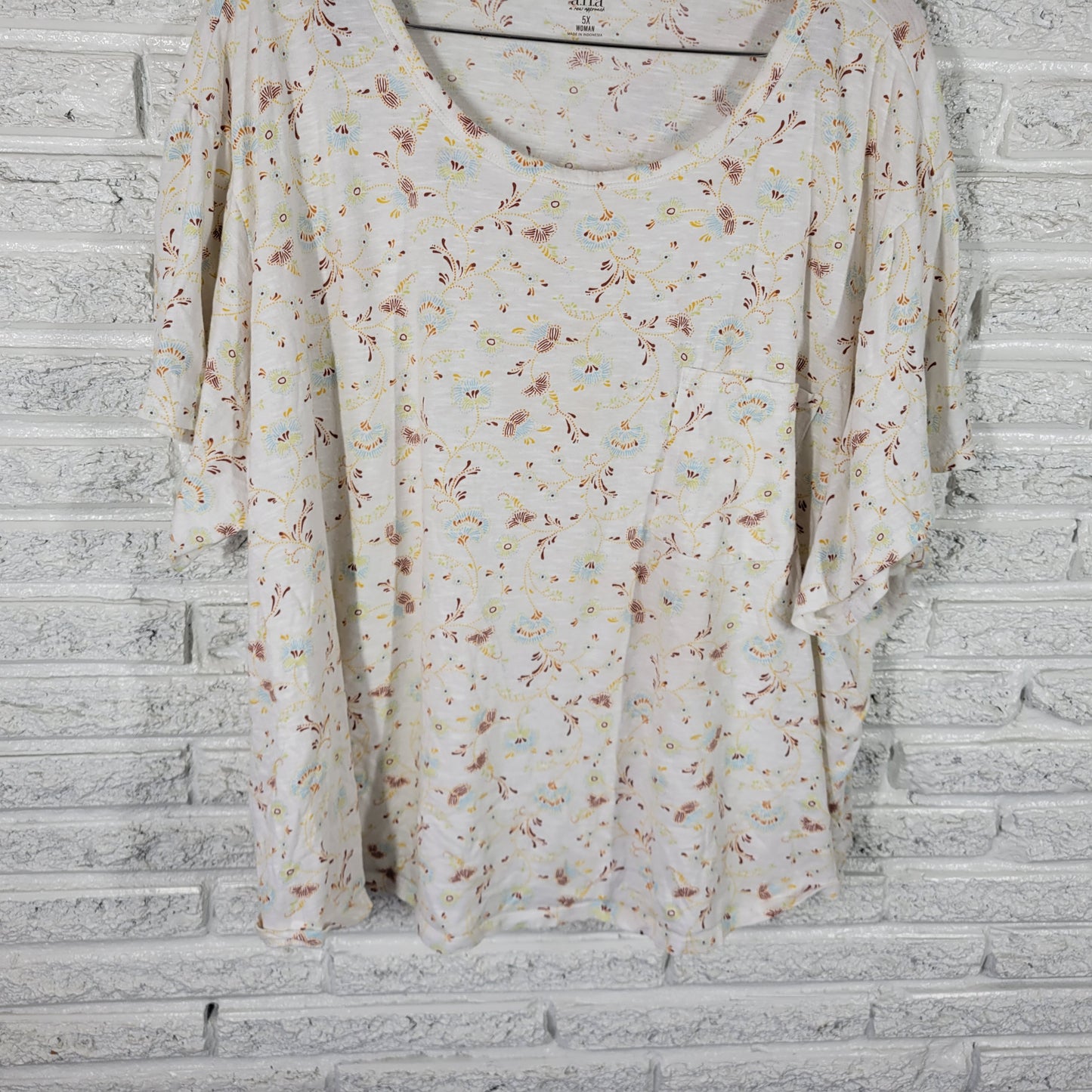 ANA 5X Brown Yellow Floral Tee 100% Cotton Crew Neck Short Sleeve Plus FLO3E