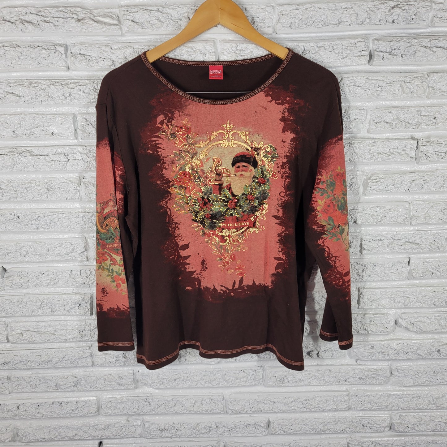 Merry & Bright XL Brown St. Nicholas Christmas Tee Studded Long Sleeve NOV98E