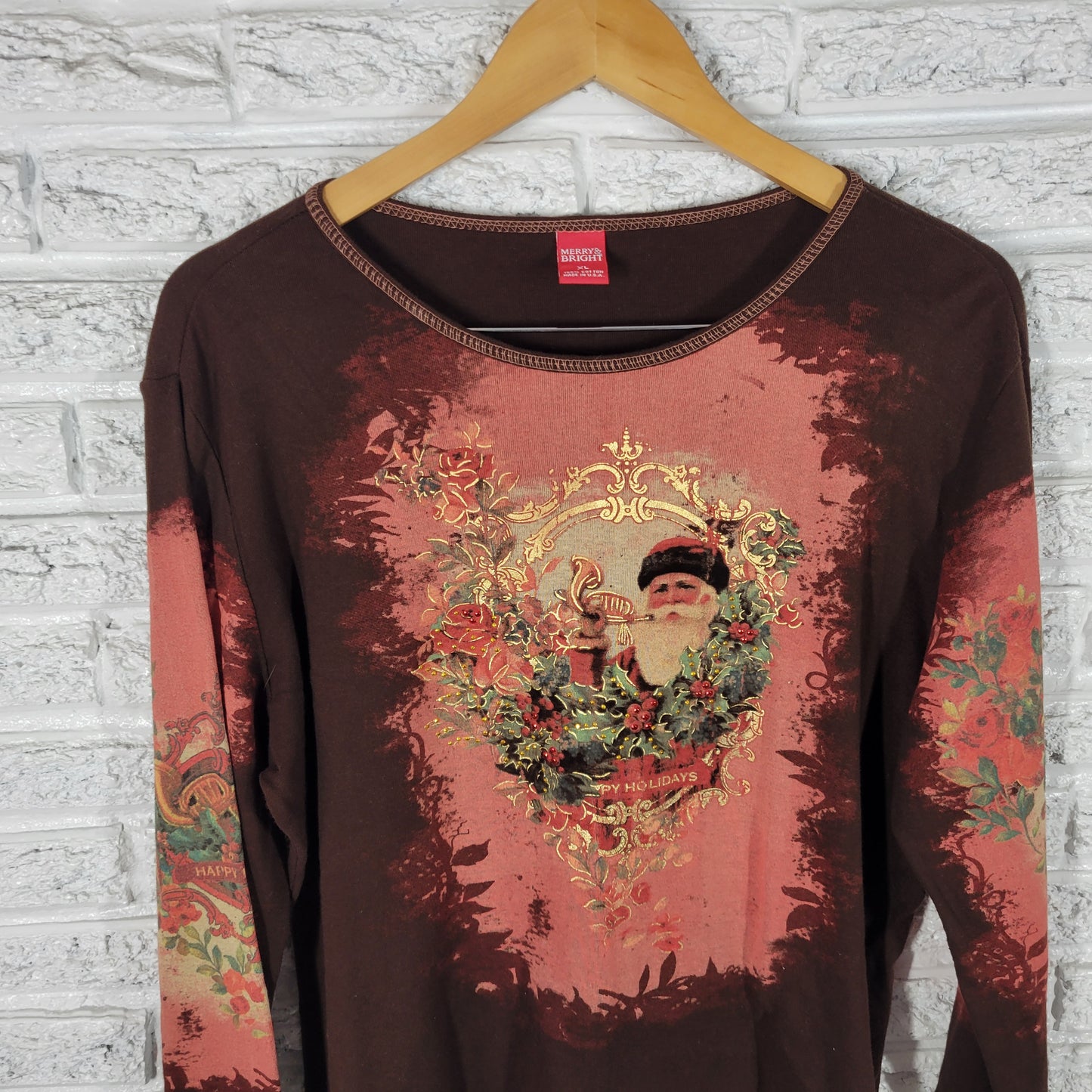 Merry & Bright XL Brown St. Nicholas Christmas Tee Studded Long Sleeve NOV98E