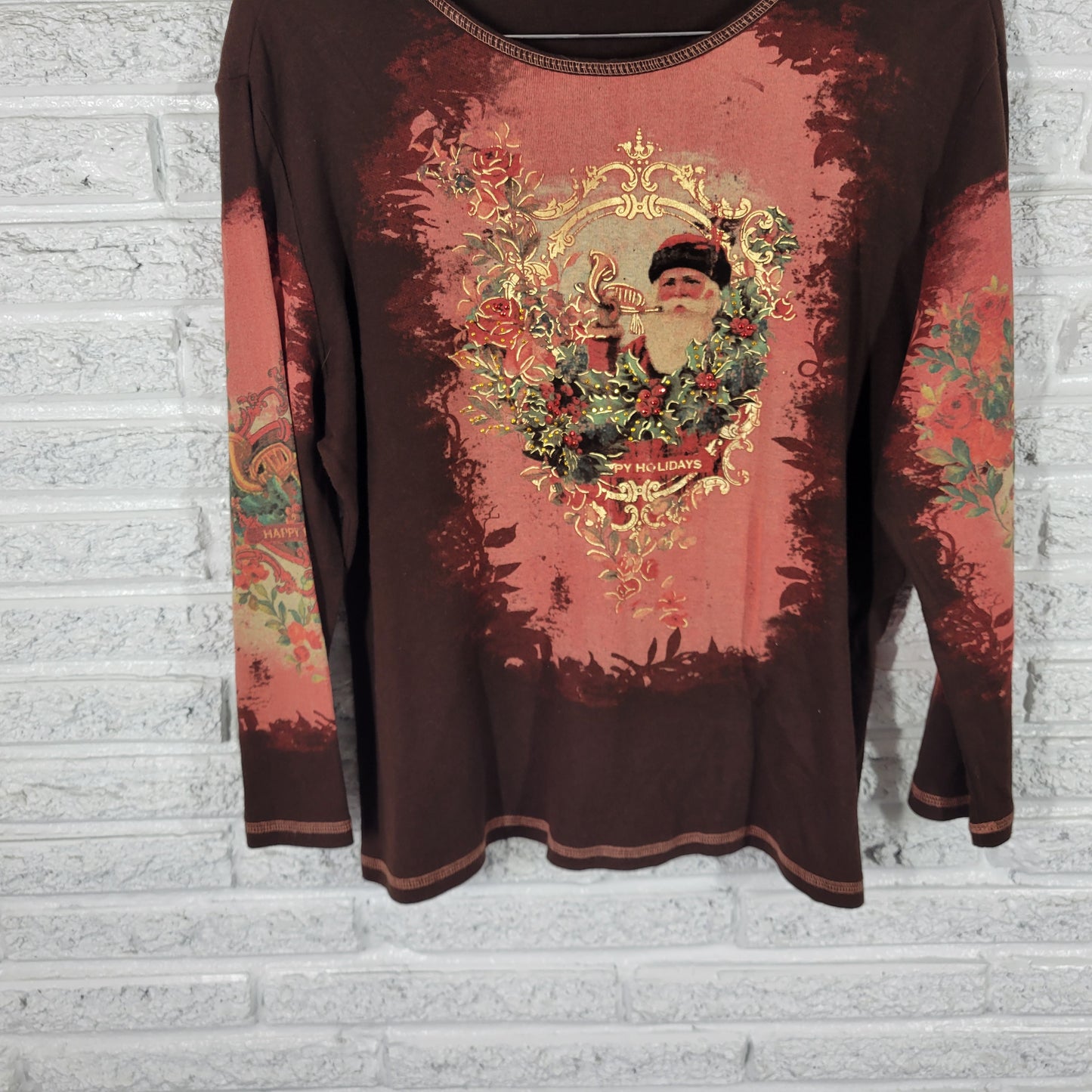 Merry & Bright XL Brown St. Nicholas Christmas Tee Studded Long Sleeve NOV98E