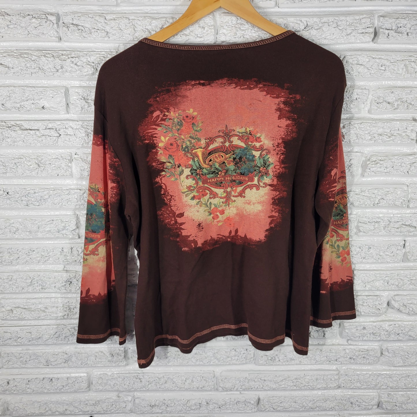Merry & Bright XL Brown St. Nicholas Christmas Tee Studded Long Sleeve NOV98E