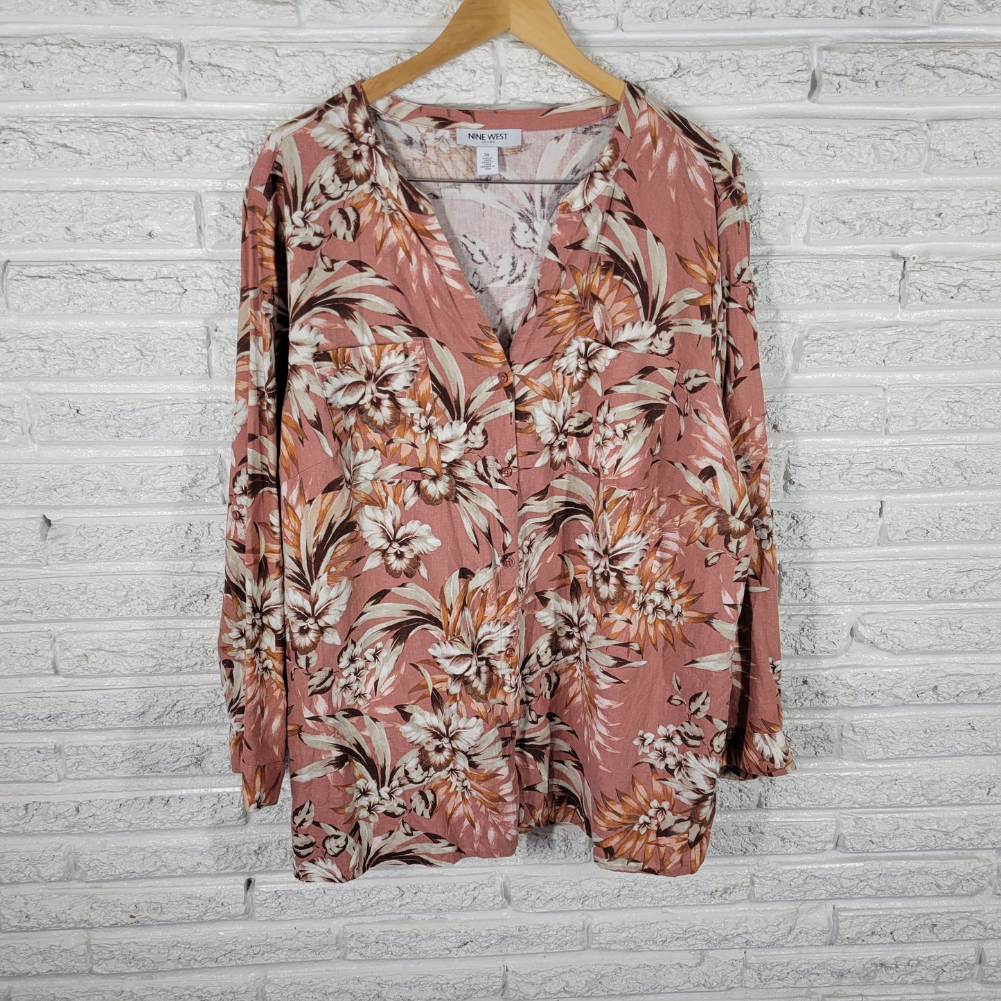 Nine West 3X Pink Brown Floral Top Long Sleeve Side Slit Pullover FLO240XE