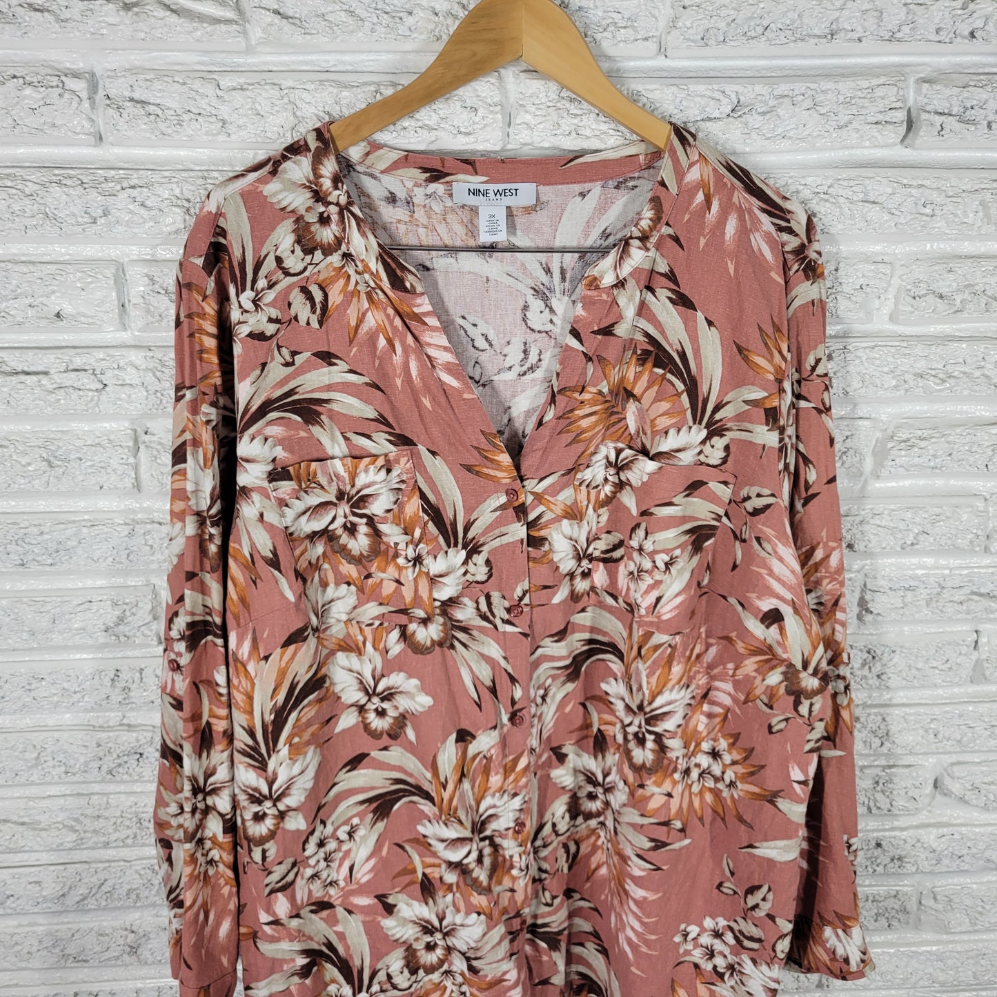 Nine West 3X Pink Brown Floral Top Long Sleeve Side Slit Pullover FLO240XE