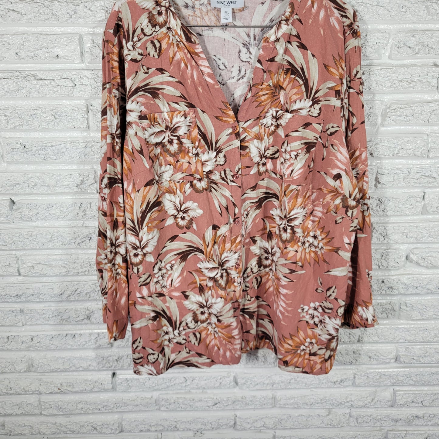 Nine West 3X Pink Brown Floral Top Long Sleeve Side Slit Pullover FLO240XE