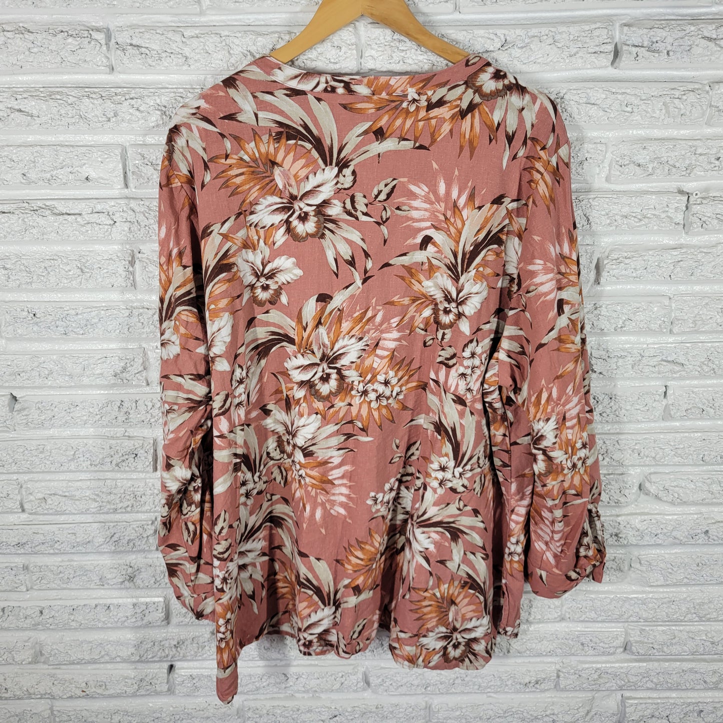 Nine West 3X Pink Brown Floral Top Long Sleeve Side Slit Pullover FLO240XE